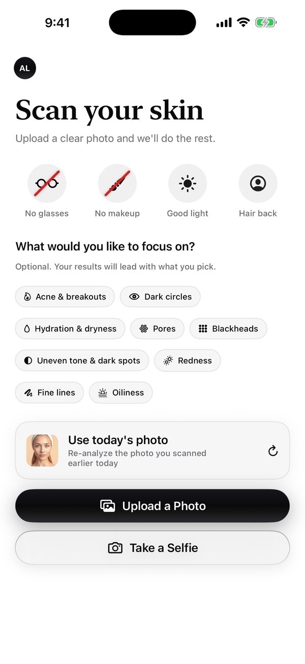 Scan your skin screen with photo tips and focus concern chips
