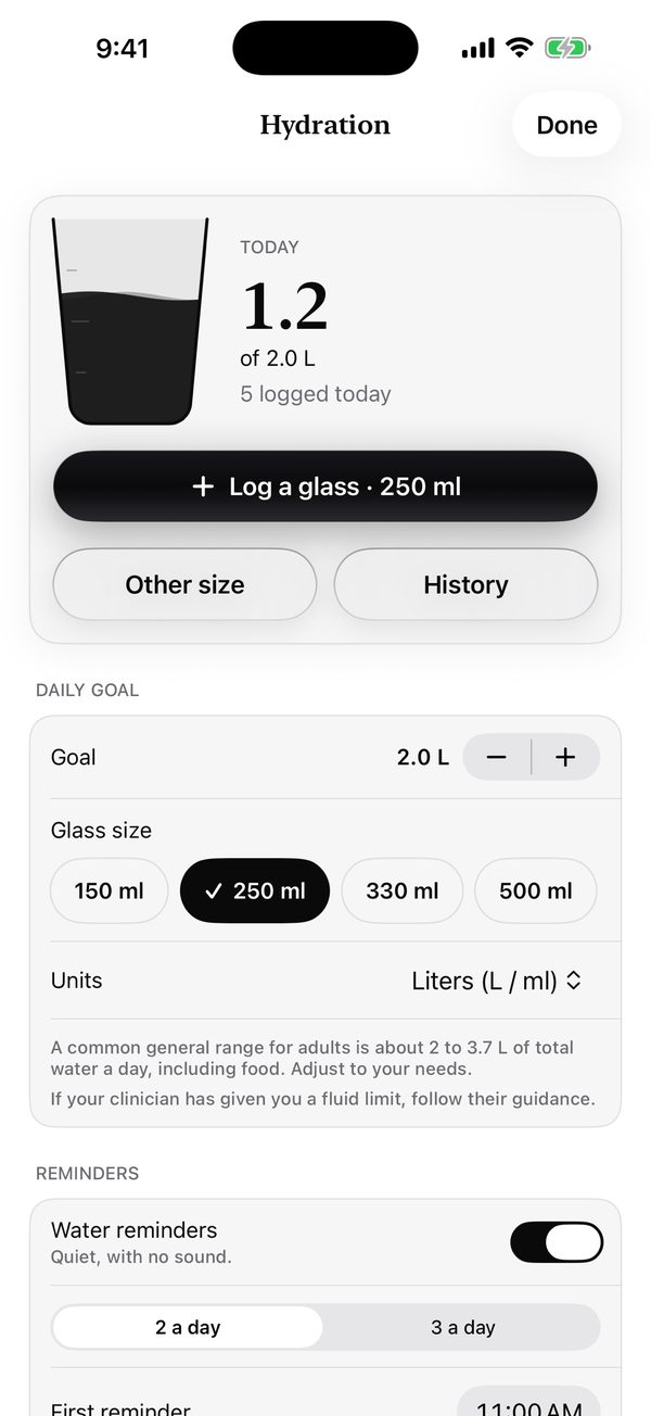 Hydration tracker showing glasses logged today
